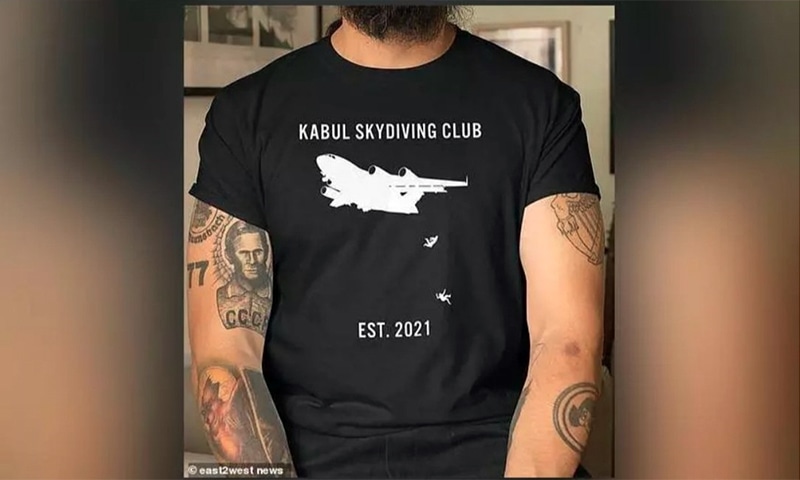 Online stores are selling T-shirts showing Afghans falling from US aircraft