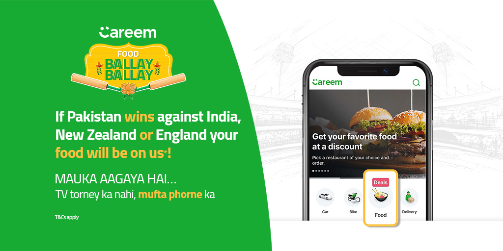 Free food from Careem if Pakistan wins against India, New Zealand, or England